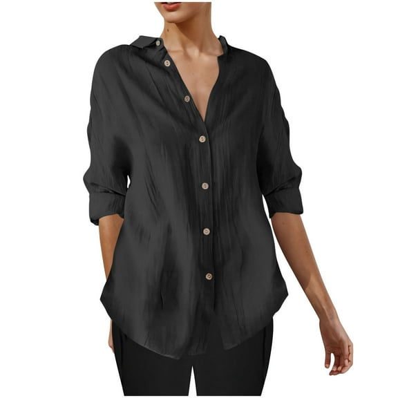 Oplxuo 3/4 Sleeve Button Down Shirts for Women Dressy Casual V Neck Solid Shirts Loose Fit Spring Tops for Women