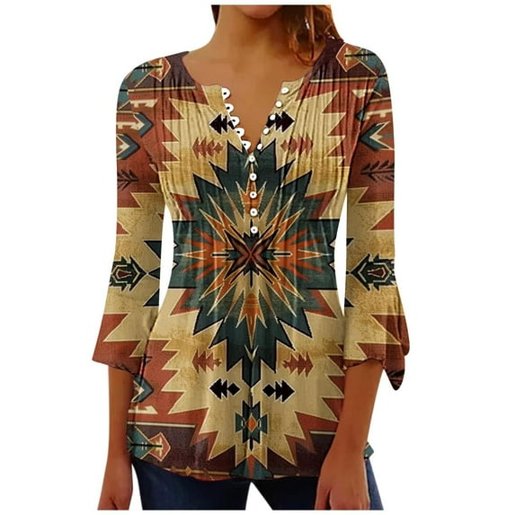 Oplxuo 3/4 Sleeve Henley T-Shirts for Women Dressy Casual Western Aztec Print Pleated Blouse Loose Button Up Pleated Tunic Tops