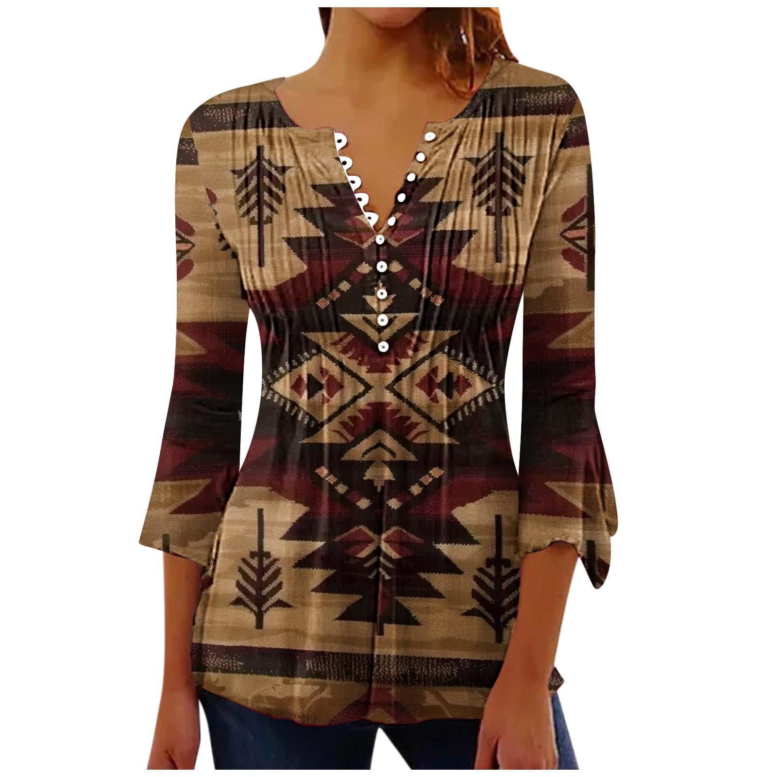 Women's Vintage Aztec Print Henley Neck Sweater Top main image 1