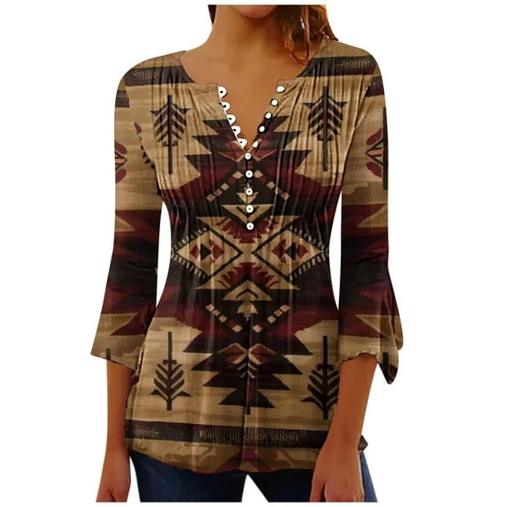 Oplxuo 3/4 Sleeve Henley T-Shirts for Women Vintage Western Aztec Print Pleated Dressy Blouse Loose Button Up Casual Tunic Tops