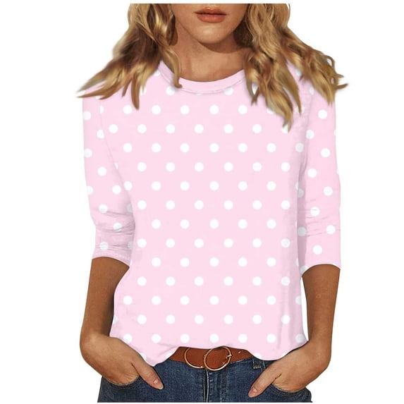 Oplxuo 3/4 Sleeve Shirts for Women Polka Dot Print Crewneck Business Casual Tops Loose Three Quarter Length Work Blouses