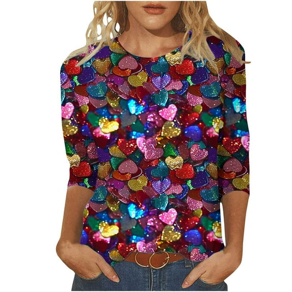 Oplxuo 3/4 Sleeve T-Shirts Womens Sequins Printed Crewneck Plus Size Dressy Blouse Loose Pullover Casual Sparkly Tee Tops