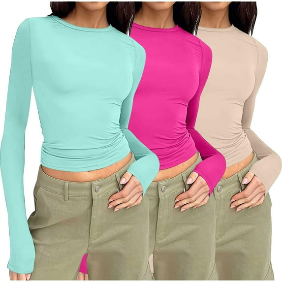 Oplxuo 3 Pack Womens Long Sleeve Fitted Shirt Crewneck Pullover Crop Tops Basic Solid Fall Layering Y2K Tight T Shirts