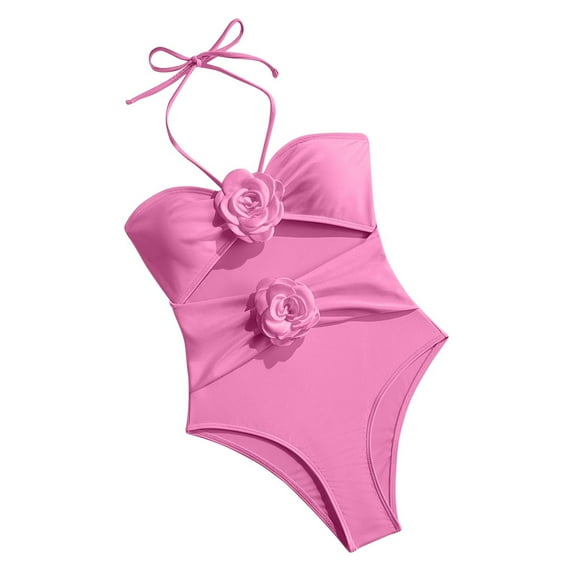 Oplxuo 3D Flower One Piece Swimsuit for Women Cutout Ruched Halter Bathing Suits Cheeky Drawstring Swimwear