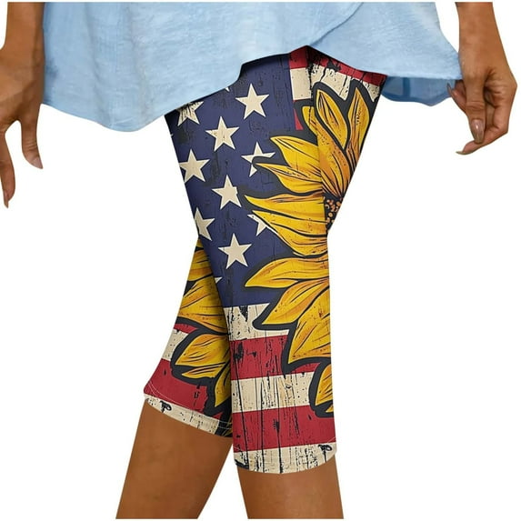 Oplxuo 4th of July Capri Leggings for Women 2025 Summer High Waist American Flag Yoga Pants Patriotic Cropped Trousers