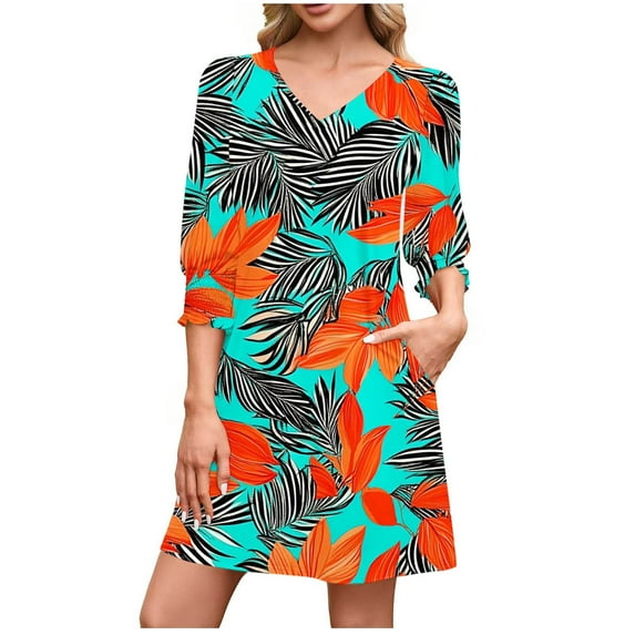 Oplxuo A-Line Casual Mini Dress for Women Smocked Cuff 3/4 Sleeve Loose V Neck Swing 2025 Fall Dresses with Pockets