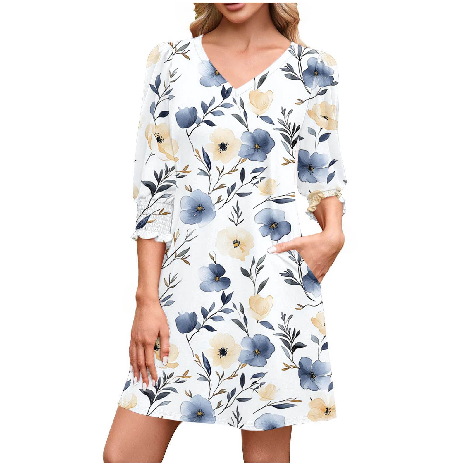 Oplxuo A-Line Casual Mini Dress for Women Smocked Cuff 3/4 Sleeve Loose V Neck Swing 2025 Fall Dresses with Pockets