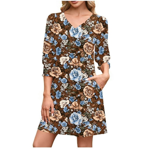 Oplxuo A-Line Casual Mini Dress for Women Smocked Cuff 3/4 Sleeve Loose V Neck Swing 2025 Fall Dresses with Pockets