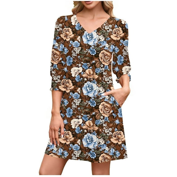 Oplxuo A-Line Casual Mini Dress for Women Smocked Cuff 3/4 Sleeve Loose V Neck Swing 2025 Fall Dresses with Pockets