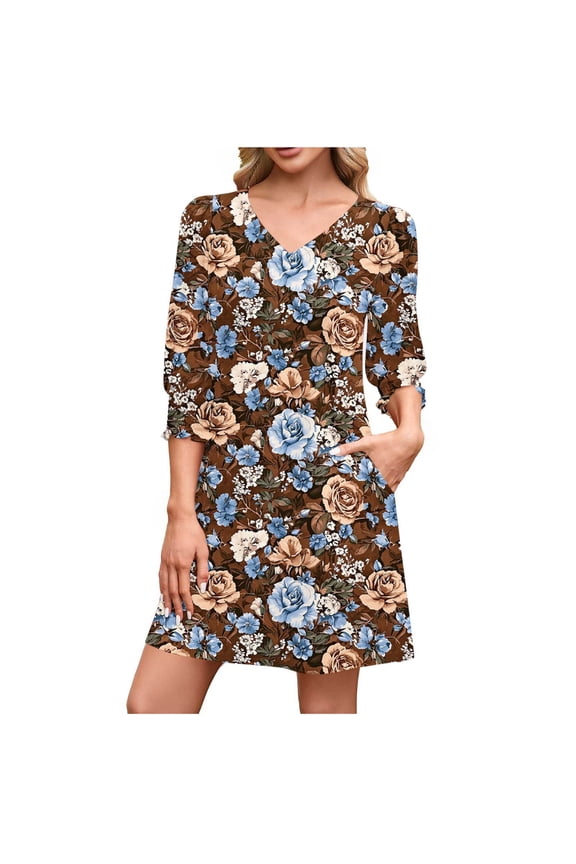 A-Line Casual Mini Dress for Women Smocked Cuff 3/4 Sleeve Loose V Neck Swing 2025 Fall Dresses with Pockets