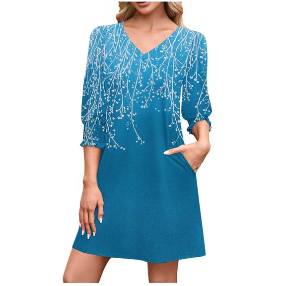 Oplxuo A-Line Casual Mini Dress for Women Smocked Cuff 3/4 Sleeve Loose V Neck Swing 2025 Fall Dresses with Pockets