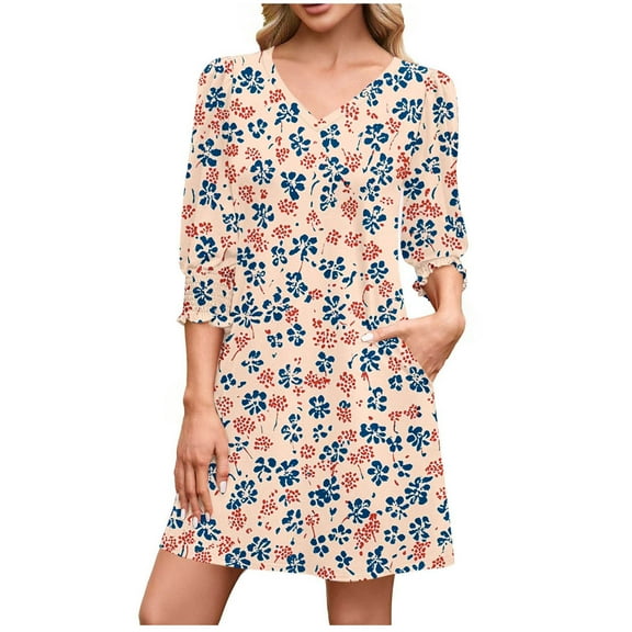 Oplxuo A-Line Casual Mini Dress for Women Smocked Cuff 3/4 Sleeve Loose V Neck Swing 2025 Fall Dresses with Pockets