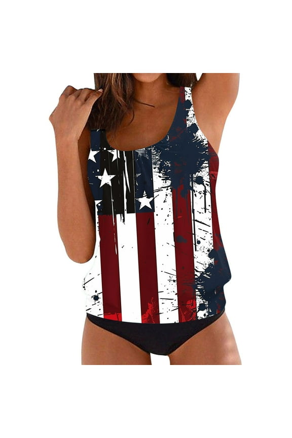 American Flag Print Swim Suits for Women 2025 Patriotic Modest Bathing Suit Two Piece Blouson Modest Tankini Sets