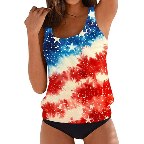 Oplxuo American Flag Print Swim Suits for Women 2025 Patriotic Modest Bathing Suit Two Piece Blouson Modest Tankini Sets