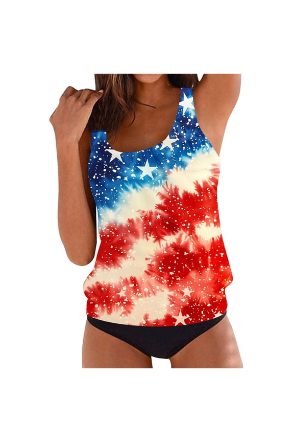 American Flag Print Swim Suits for Women 2025 Patriotic Modest Bathing Suit Two Piece Blouson Modest Tankini Sets