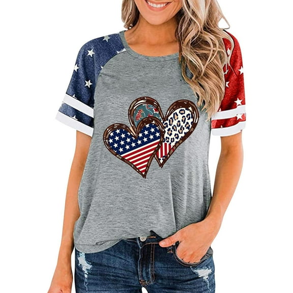 Oplxuo American Flag Shirt Women 4th of July Shirts USA Flag Graphic Patriotic Tshirt Raglan Color Block Tops