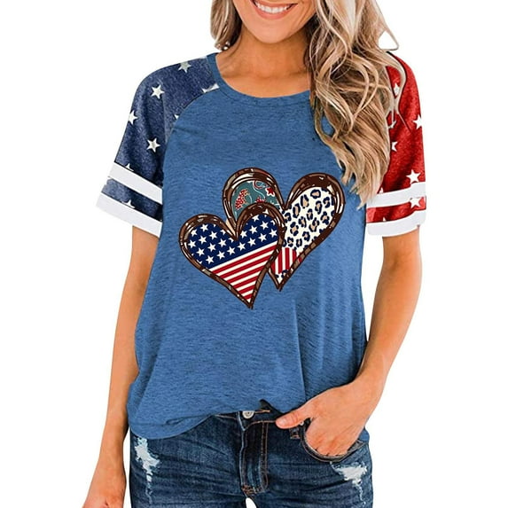 Oplxuo American Flag Shirt Women 4th of July Shirts USA Flag Graphic Patriotic Tshirt Raglan Color Block Tops