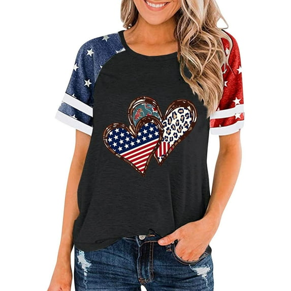 Oplxuo American Flag Shirt Women 4th of July Shirts USA Flag Graphic Patriotic Tshirt Raglan Color Block Tops