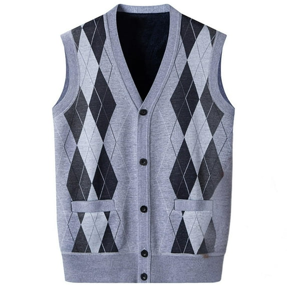 Oplxuo Argyle Sweater Vest for Men Button Down V Neck Sleeveless Cardigans Fleece Lined Winter Warm Knitted Waistcoat
