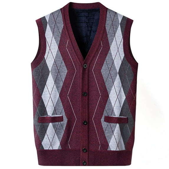 Oplxuo Argyle Sweater Vest for Men Button Down V Neck Sleeveless Cardigans Fleece Lined Winter Warm Knitted Waistcoat