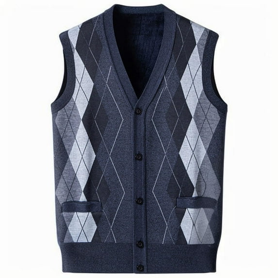 Oplxuo Argyle Sweater Vest for Men Button Down V Neck Sleeveless Cardigans Fleece Lined Winter Warm Knitted Waistcoat