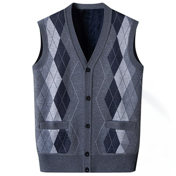 Oplxuo Argyle Sweater Vest for Men Button Down V Neck Sleeveless Cardigans Fleece Lined Winter Warm Knitted Waistcoat