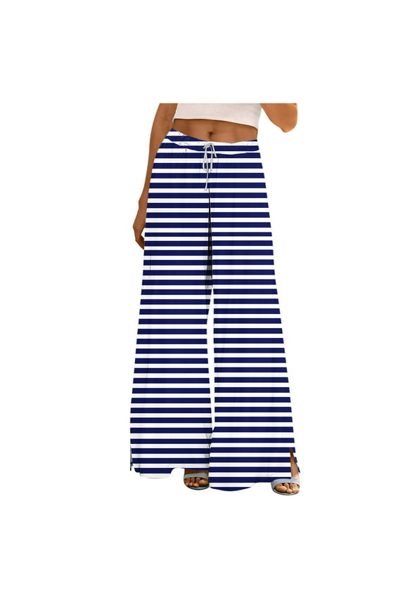Baggy Palazzo Pants for Women Trendy Striped Print Wide Leg Trousers with Splits Flowy Casual Summer Pants with Pockets