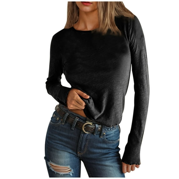 Oplxuo Basic Going Out Crop Tops for Women Fall Long Sleeve Slim Fit Crew Neck Casual Solid Color Streetwear T Shirts