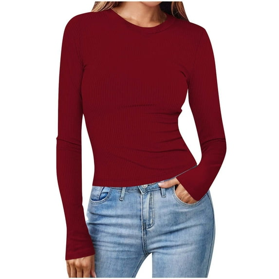 Oplxuo Basic Going Out Tops for Women Ribbed Long Sleeve Slim Fit Crew Neck Casual Solid Color Tight T Shirts