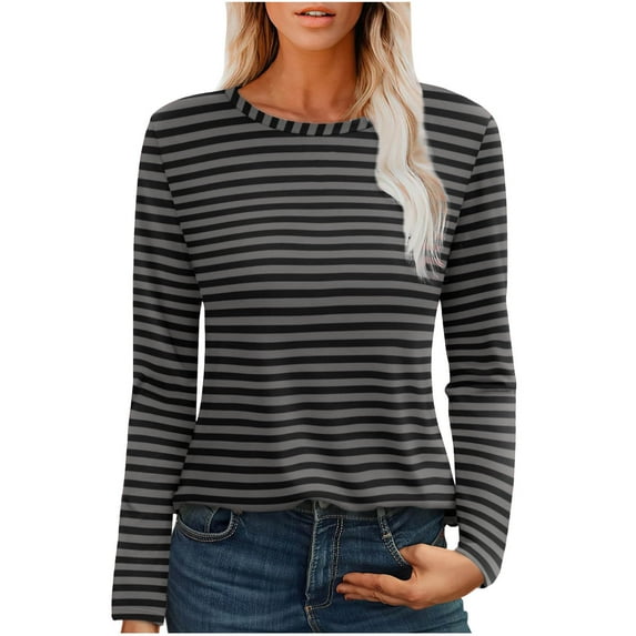 Oplxuo Basic Long Sleeve Striped Shirts for Women Casual Crewneck Pullover Tops Stylish Colorblock Sweatshirt