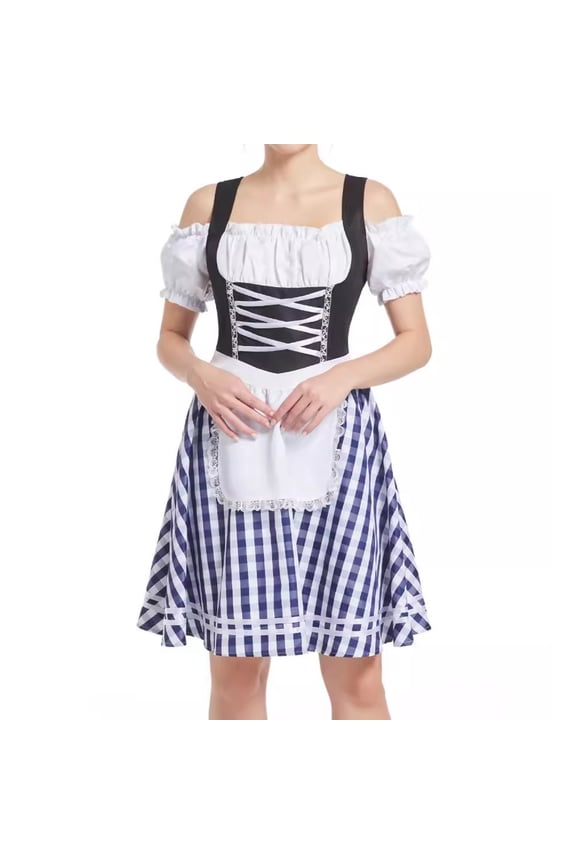 Bavarian Women's Midi Dirndl Dress,Women Vintage Ruffled Edge V-Neck German Outfit Women Traditional Checkered Cloth