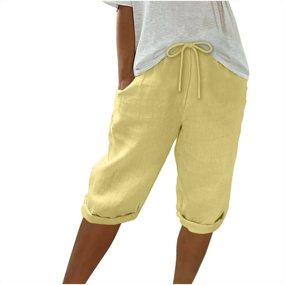 Oplxuo Bermuda Shorts for Women Knee Length Cotton Linen Elastic Waist Drawstring Shorts Summer Capris Pants with Pockets