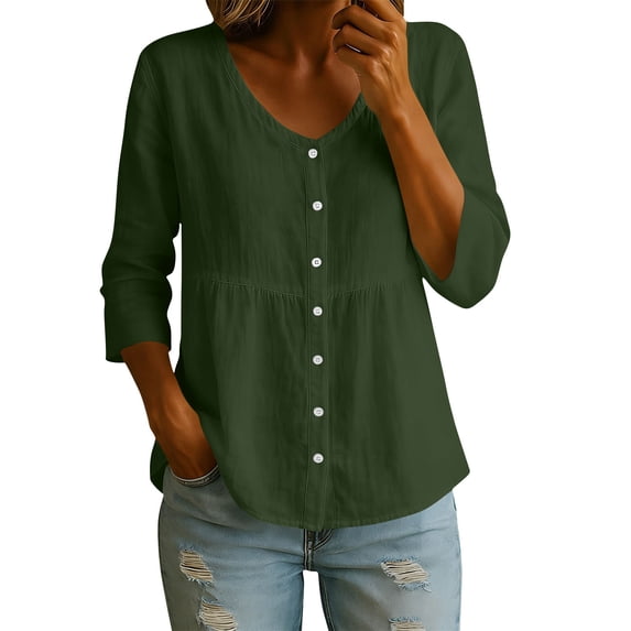 Oplxuo Blouses for Women Cotton Linen Button Front Loose Shirts Long Sleeve v Neck Spring Blouse Casual Daily Office Clothes