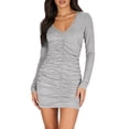 thumbnail image 1 of Oplxuo Bodycon Party Dress for Women Sexy Long Sleeve V Neck Ruched Bodycon Mini Dresses Slim Fit Party Cocktail Dresses, 1 of 5
