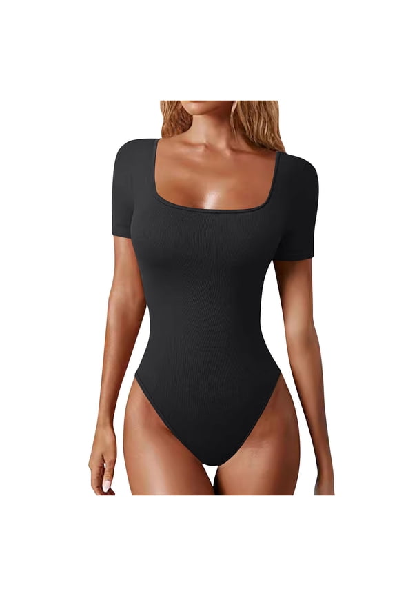Bodysuits for Women Short Sleeve Scoop Neck Tops Summer Slim Fit Ribbed Knit Sexy Basic Shirt Fashion Outfits