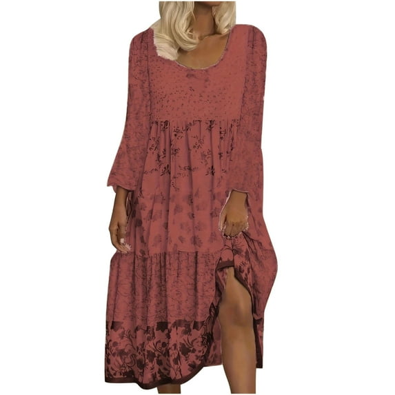 Oplxuo Boho Floral Midi Dress for Women Patchwork Sleeveless Crew Neck Summer Casual Loose Flowy Tiered Dress Plus Size