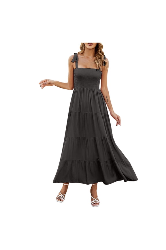 Boho Vacation Dress for Women Spaghetti Strap Square Neck Casual Smocked Flowy Long Beach Swing Party Maxi Dress