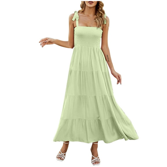 Oplxuo Boho Vacation Dress for Women Spaghetti Strap Square Neck Casual Smocked Flowy Long Beach Swing Party Maxi Dress