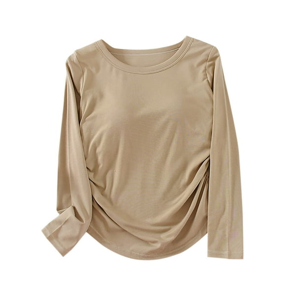 Oplxuo Built-in Shelf Bra Long Sleeve Shirts for Women Ruched Side Basic Crew Neck Base Layer Workout Yoga Tee Tops