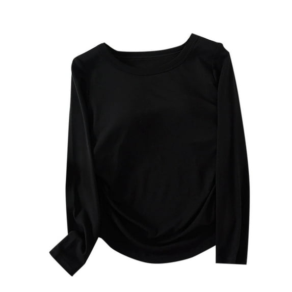 Oplxuo Built-in Shelf Bra Long Sleeve Shirts for Women Ruched Side Basic Crew Neck Base Layer Workout Yoga Tee Tops