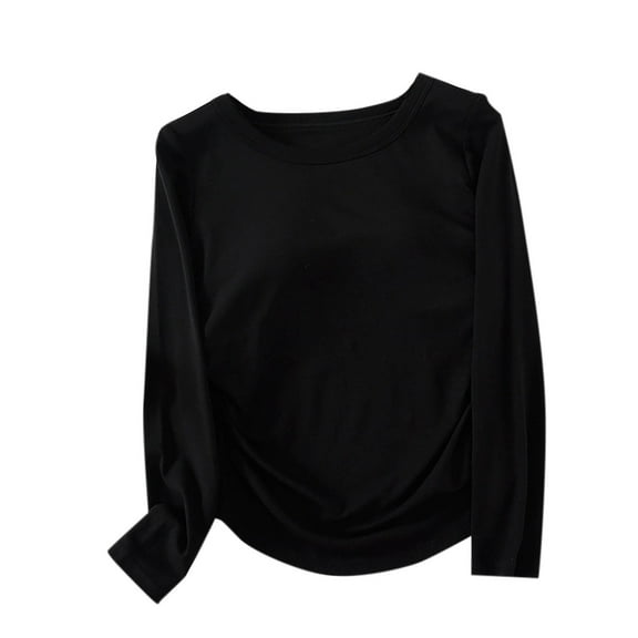 Oplxuo Built-in Shelf Bra Long Sleeve Shirts for Women Ruched Side Basic Crew Neck Base Layer Workout Yoga Tee Tops