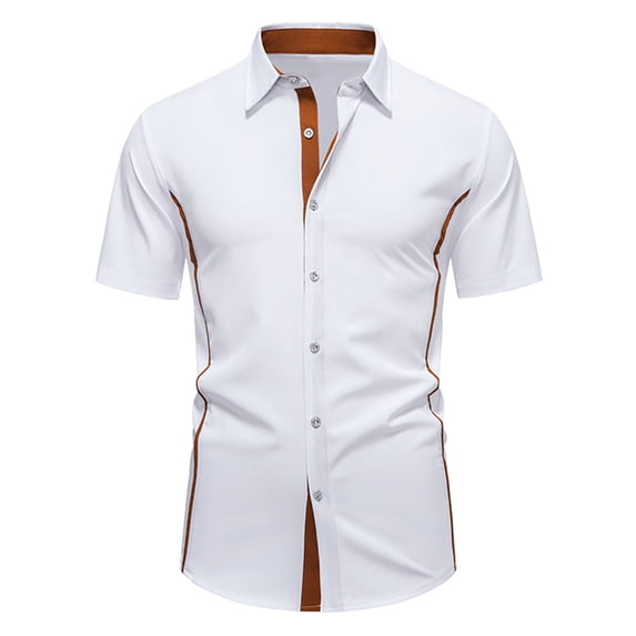 Oplxuo Button Down Dress Shirts for Men Short Sleeve Contrast Business Casual Shirt Lapel Collar Slim Wrinkle Free Blouse