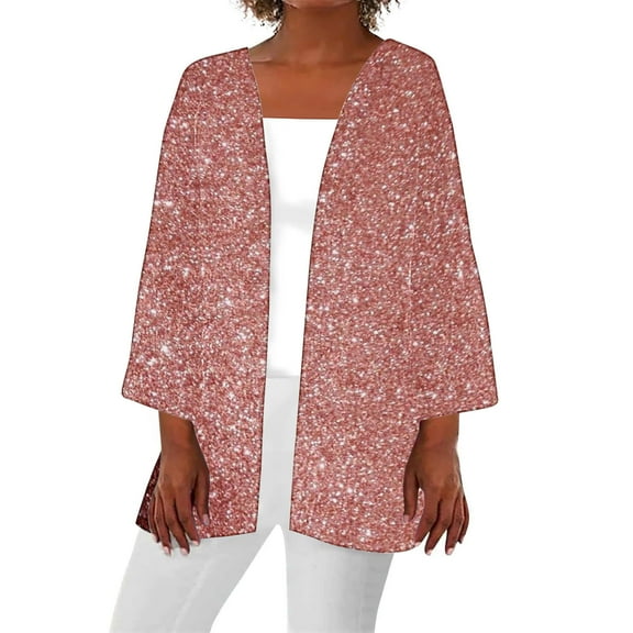 Oplxuo Cardigans for Women Shiny Sparkle Sequins Printed Casual Long Sleeve Kimono Loose Cover Ups Open Front Blouse Tops