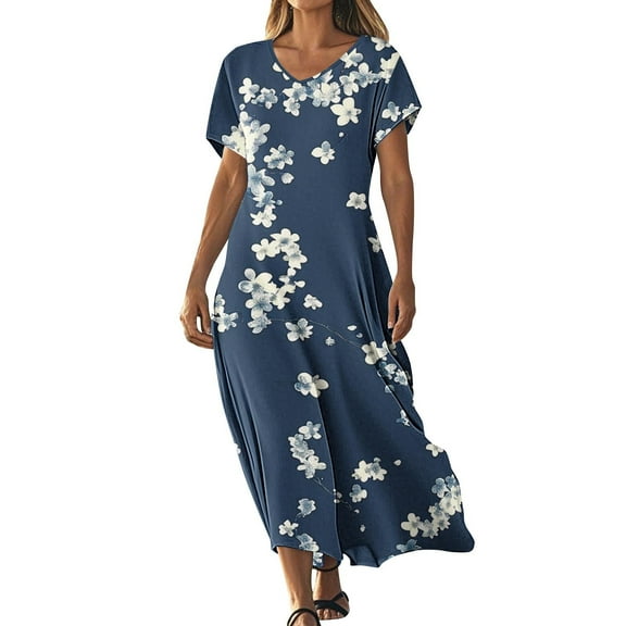Oplxuo Casual Dress for Women Flowy V Neck Short Sleeve Floral Maxi Dresses Lightweight Summer Beach Vacation Clothes
