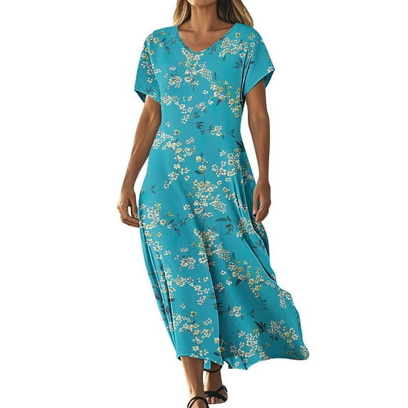 Oplxuo Casual Dress for Women Flowy V Neck Short Sleeve Floral Maxi Dresses Lightweight Summer Beach Vacation Clothes