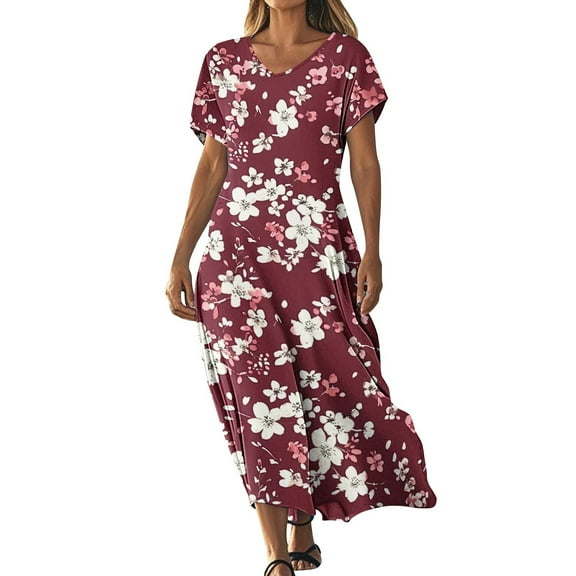 Oplxuo Casual Dress for Women Flowy V Neck Short Sleeve Floral Maxi Dresses Lightweight Summer Beach Vacation Clothes