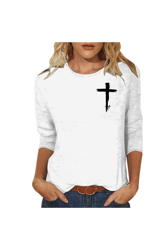Christian Easter Good Friday Shirt Women 3/4 Sleeve Tops Dressy Casual Faith Jesus Cross Print Graphic Tunic T Shirts