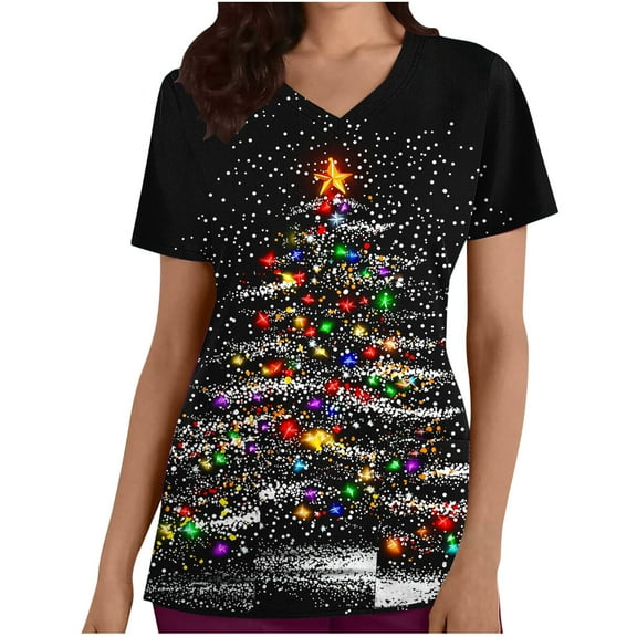 Oplxuo Christmas Scrubs Tops for Women Plus Size Stretchy Short Sleeve V Neck Xmas Tree Snowflake Print Nurse Scrub Medical Uniform