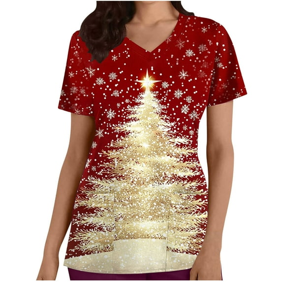 Oplxuo Christmas Scrubs Tops for Women Plus Size Stretchy Short Sleeve V Neck Xmas Tree Snowflake Print Nurse Scrub Medical Uniform