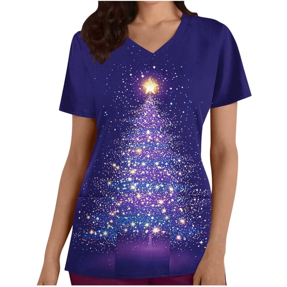 Oplxuo Christmas Scrubs Tops for Women Plus Size Stretchy Short Sleeve V Neck Xmas Tree Snowflake Print Nurse Scrub Medical Uniform